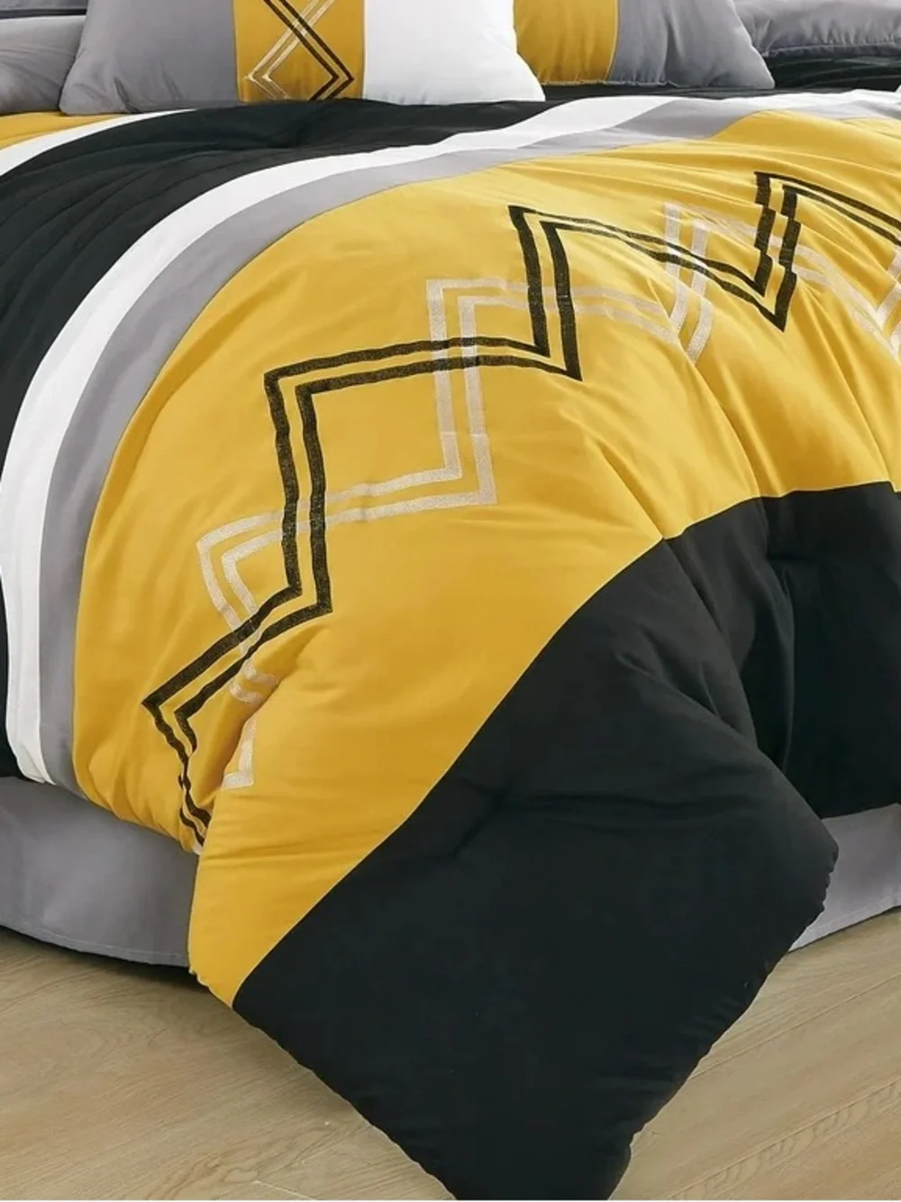 Modern Geo Stripe Yellow and Gray Queen 3 piece Comforter Set